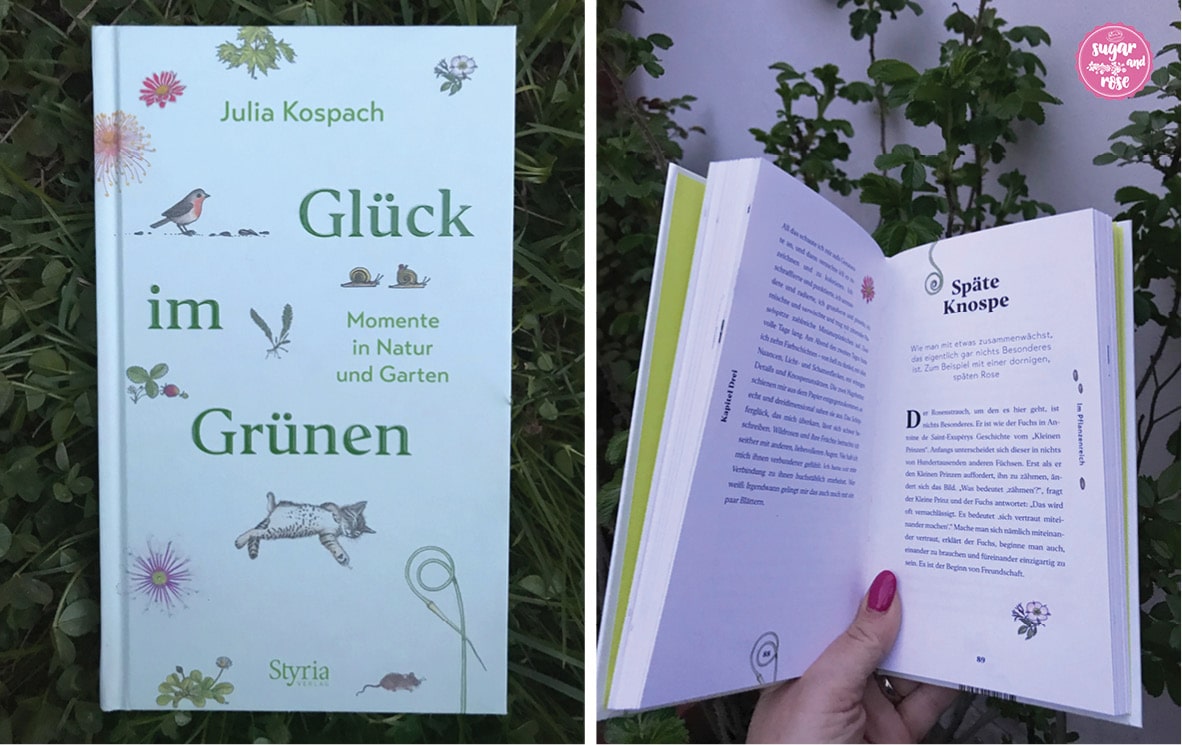 Glück-im-Grünen-Buch in der grünen Wiese und aufgeklappte Innenseiten
