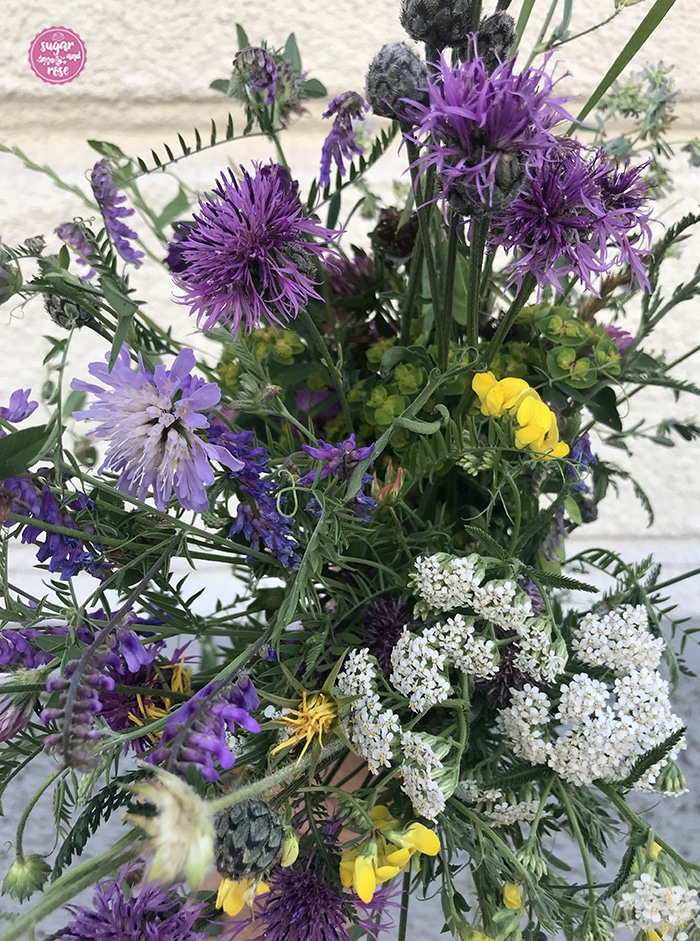 Wiesenblumenstrauß mit gelbem Hornklee, weißer Schafgarbe, Rotklee und violetter Flockenblume in der Hand gehalten