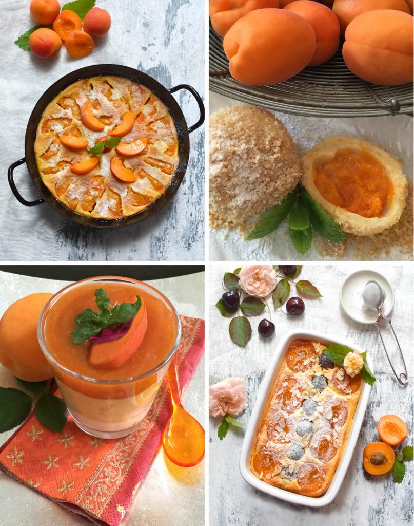 Rezeptzusammenstellung: links oben ein schwarzes Riess-Reindl gefüllt mit einem Dutch-Baby Palatschinkenteig und Marillenstücken, daneben Marillenknödel, einer davon aufschnitten; links unten ein Marillen-Schicht-Dessert im Glas auf orange-goldener Serviette stehen mit einem orangen Plastiklöffel; daneben in einer kleinen rechteckigen weißen Porzellanform ein flauschiger Topfenauflauf mit Marillen, leicht angezuckert, dahinter ein Zuckerstreuer, aufgeschnittene Marillen, einige Kirschen und apricotfarbene Rosenblüten