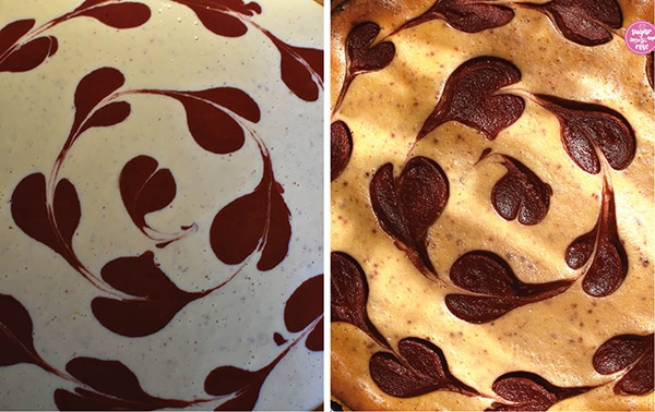 Kuchenfüllung im Rohzustand mit herzförmig aufgebrachtem Fruchtmus