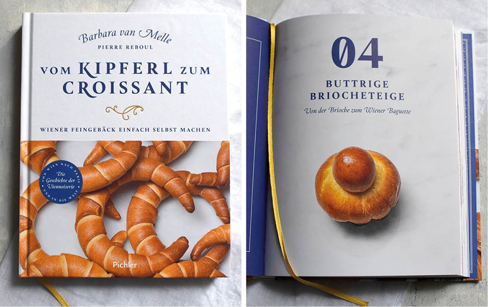 Buchumschlag mit mürben Kipferl und eine Innenseite mit Brioche des Buches von Barbara van Melle "Vom Kipfer zum Croissant". Der Buchtitel in blau auf weißem Untergrund, im Buch ein goldgelbes Lesebändchen