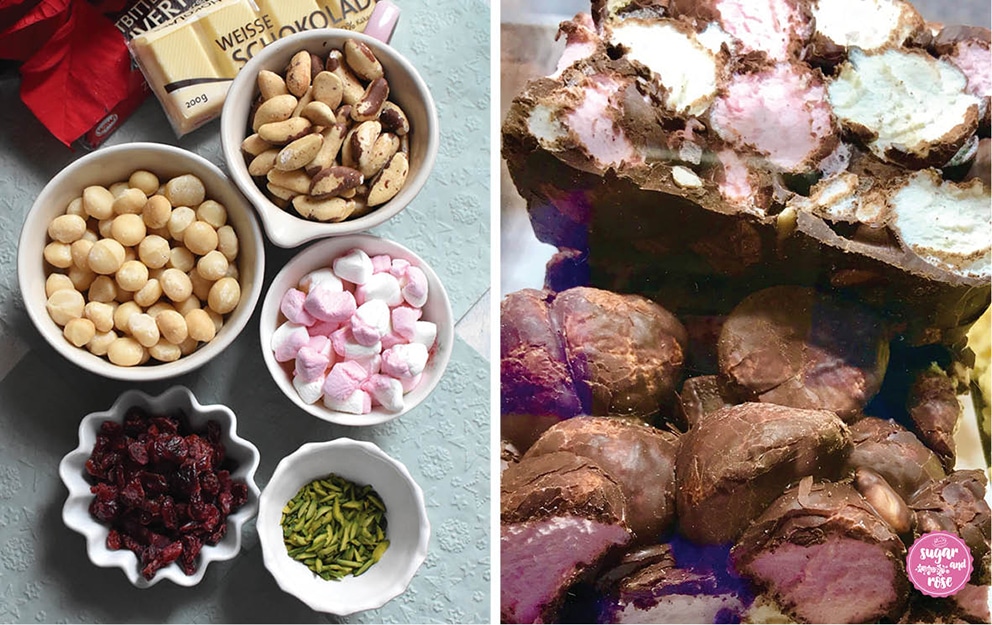 Linkes Bild: Zutaten für Rocky Road in Schälchen: Cranbeerys, gehackte grüne Pistazien, Macadamianüsse, Pecanüsse, rosa-weiße Marshmallows und im Hintergrund weiße und dunkle Kuvertüreblöcke; rechts Bild: zwei Stück australisches Rocky Road mit riesigen weißen und rosa Marshmallowstücken in dunkle Schokolade getaucht