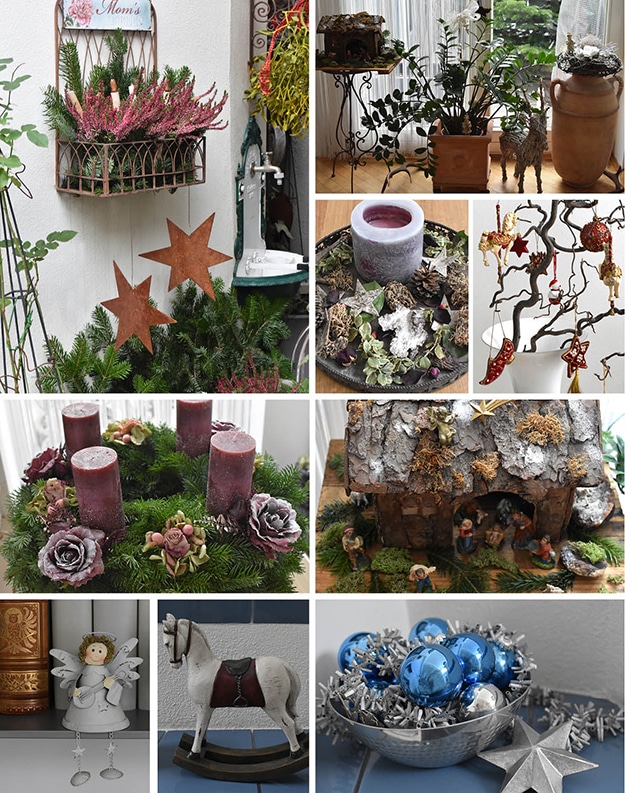 Weihnachtsdekobildermix draußen und drinnen: Adventskranz, Gartendeko mit rosa Heidekraut und rostigen Metallsternen, Holzkrippe, Metallengel, hölzernes weißes Pferd, Silberschale mit blauen Kugeln und silbernen Sternen