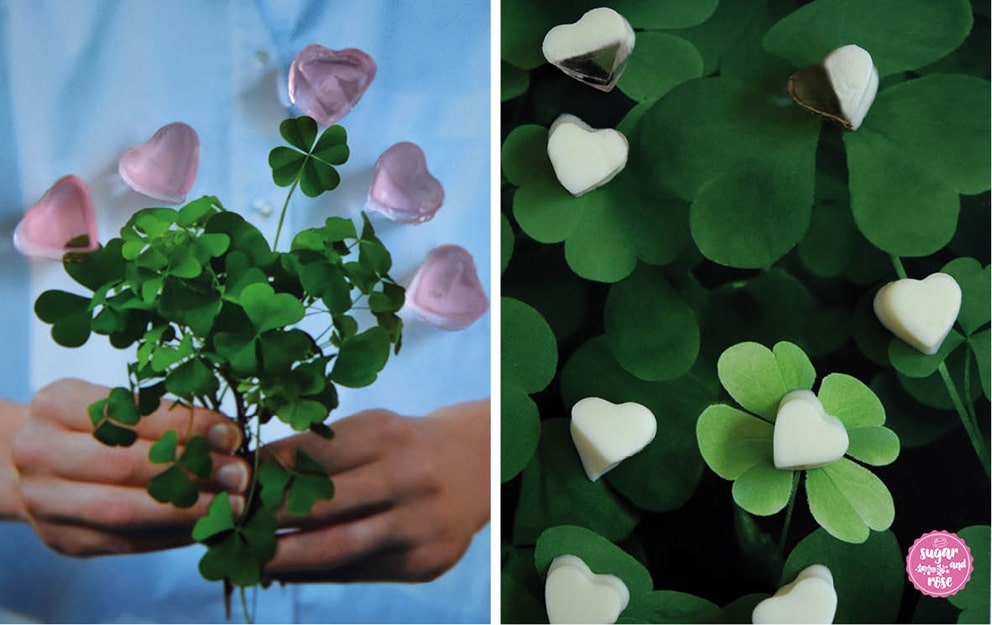 Die Hände einer Frau halten einen Strauß vierblättrigen Klee in der Hand, darüber fünf durchsichtige rosa Jellyherzen; daneben in Großaufnahme vierblättriger Klee und weiße Jellyherzen