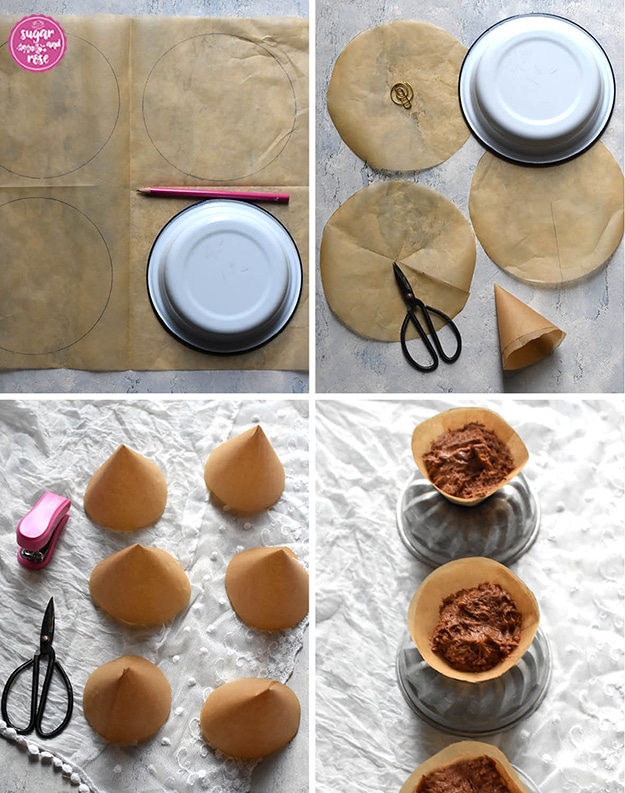 Vier Fotos mit Arbeitsschritten für Kegelförmchen aus Backpapier: Kreis aufzeichnen, ausschneiden und zu Kegel aufrollen, die Papierkegel mit Büroklammermaschine fixieren, gefüllte Kegelformen mit Teig in Metallförmchen steckend