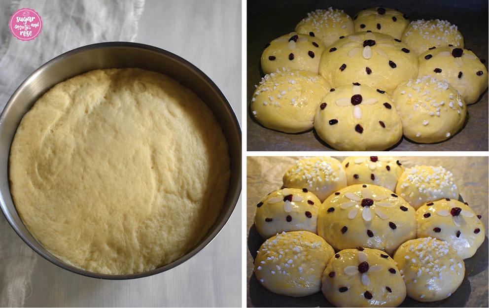 Frischer Hefeteig in Schüssel, daneben die Teigkugeln zum Kuchen angeordnet, dekoriert mit Hagelzucker und Berberitzen in Blütenform