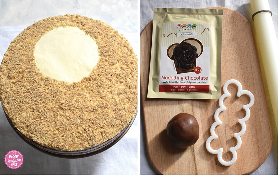 Die undekorierte Walnusstorte links, daneben ein Holzbrett mit den Zutaten für die Schokoladerosen: Modellierschokolade-Packung, eine Schokoladenkugel, ein Fondant-Roller und eine Ausstechform für Rosenblüten