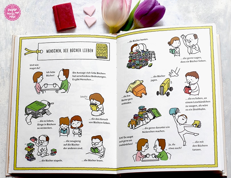 Aufgeschlagenes Buch "Die Buchhandlung der Wünsche" mit Cartoons über Buchliebhaber