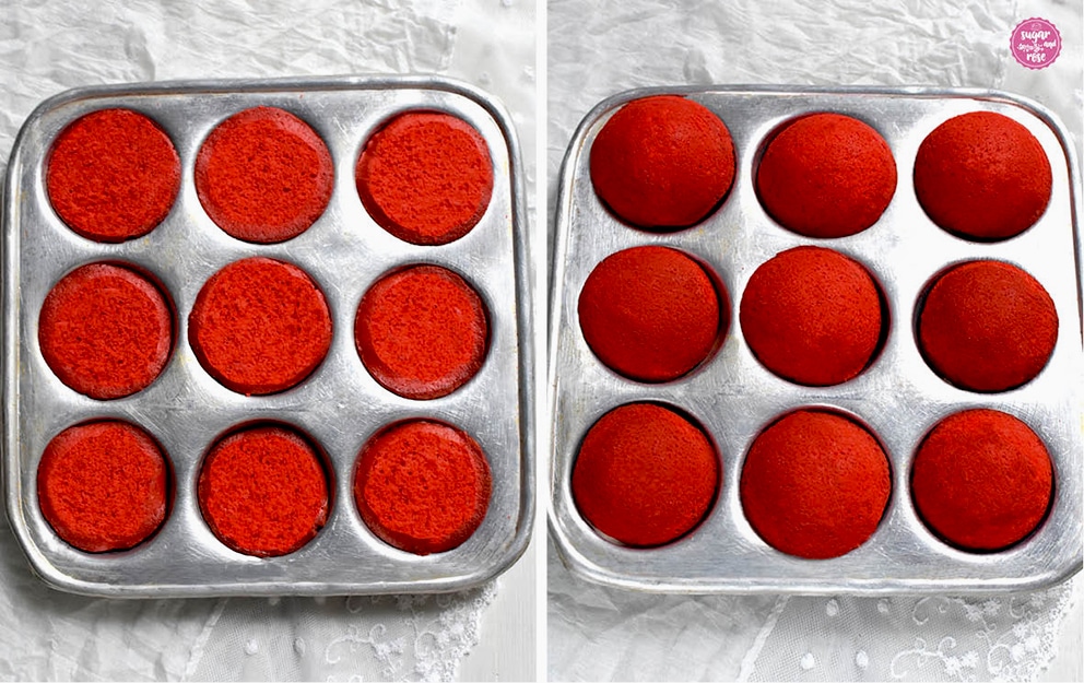Silberfarbenes Dalkenblech mit den frischgebackenen roten halbkugelförmigen Whoopie-Küchlein