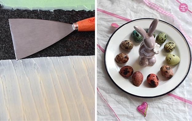 1. Weiße und hellgrüne Schokolade dünn auf Steinplatte aufgestrichen, daneben ein Metallspatel; 2. weißer Metallteller mit blauem Rand, darauf Wachteleier bunt gefärbt, in der Mitte ein fliederfarbener Porzellanosterhase