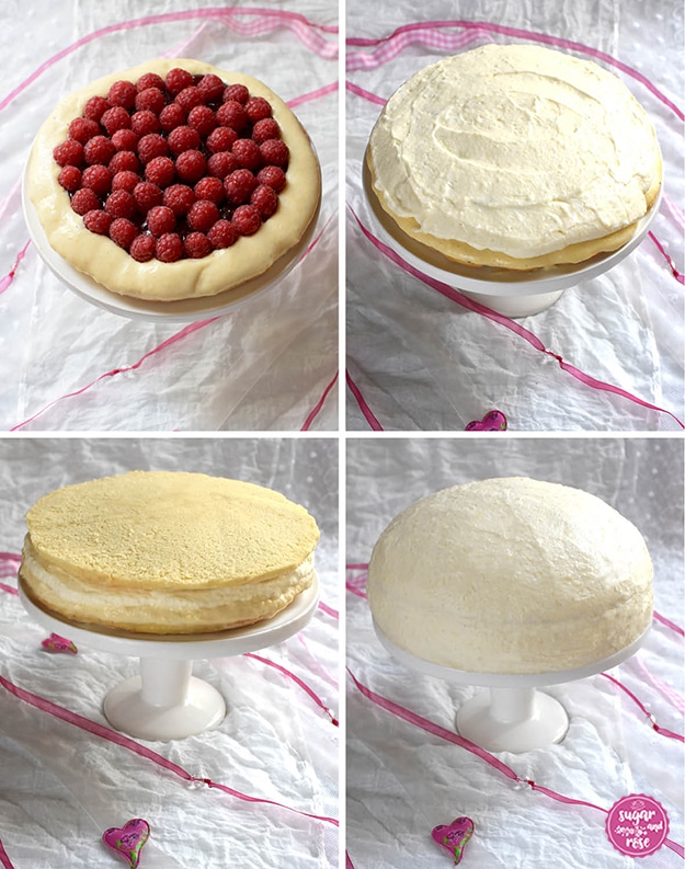 Vier-Schritte-Anleitung zum Tortenaufbau: 1. Boden mit Himbeeren, 2. Vanillecreme über den Beeren, 3. Biskuitboden auf der Creme, 4. Vanillecreme kuppelförmig aufgebracht