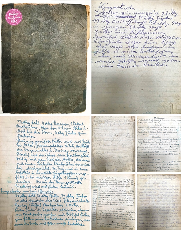 Das alte Rezeptbuch meiner Familie links, grüngrau und der Deckel stark abgenützt, daneben und darunter sechs verschiedene handgeschriebene Linzertortenrezepte, einige in Kurrentschrift