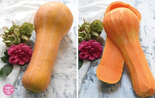Butternusskürbis: links ganz mit Schale, rechts halbiert, ausgehölt und geschält
