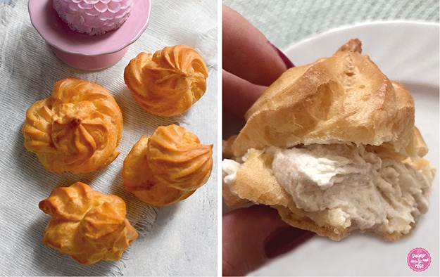 Linkes Bild vier ungefüllte Brandteigkrapferl (Profiterole) und eine rosa Dahlienblüte; rechts Bild ein angebissenes gefülltes Brandteigkrapferl, gehalten von einer Hand mit weinrot lackierten Nägeln.