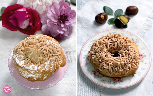 Linkes Bild: ein gefüllter Brandteigring auf einer kleinen rosa Etagere, in der Mitte gefüllt mit Maronireis, dahinter mehrer Dahlienblüten in rosa-pink-Tönen; rechts Bild ein Brandteigring bestreut mit viel Maronireis auf einem kleinen Desserteller mit Rosendekor, im Hintergrund aufgeschnittene rohe Maroni.