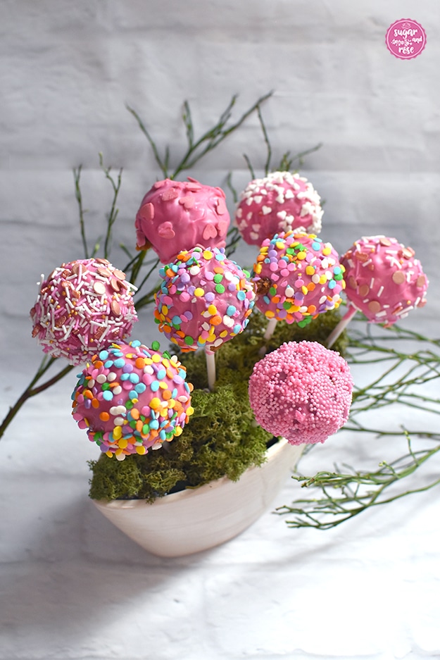 Acht kugelförmige rosa Cak-Pops eingesteckt in eine moosbedeckte cremefarbene, mandelförmige Keramikblumenschale, dahinter grüne Heidelbeerzweige