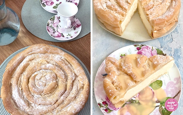 Bildkombi: links die ganze Bardteigtorte mit ringförmiger Oberflächenstruktur, dahinter eine Teller und eine Tasse mit Rosenmotiv; recht die angeschnittene Brandteigtorte, im Vordergrund ein Stück der Torte, übergossen mit etwas Eierlikör