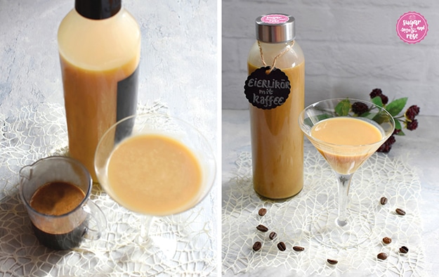 Bildkombi: links Eierlikör in einer Flasche und im Glas, daneben ein Becker mit Kaffeesirup; rechts der fertige Kaffee-Eierlikör in einer Flasche, daneben ein Glas voll