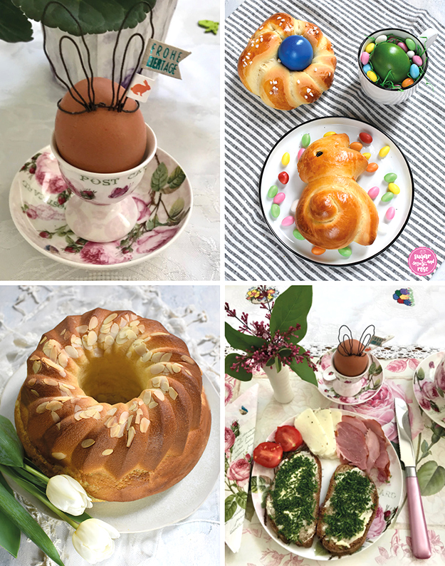 Vierbildkombi: links oben ein gekochtes Ei im Eierbecher mit Rosenmotiven, am Ei aus Draht geformte Osterhasenohren und ein Anhänger mit "Frohe Ostern"; rechts oben ein Brioche-Osterhäschen und -Nesterl mit blauem Ei sowie einer Tasse mit gründem Osterei; links unten ein Germgugelhupf mit Mandelblättchen, davor weiße Tulpen; rechts unten ein Frühstückstisch mit Platzteller und Geschirr mit Rosenmotiven, ein rosa Frühstücksmesser, ein Eierbecher mit Ei, rosa Flieder, am Teller zwei Schnittlauchbrote, Osterschinken, Ziegenkäse und eine aufgeschnittene kleine Tomate