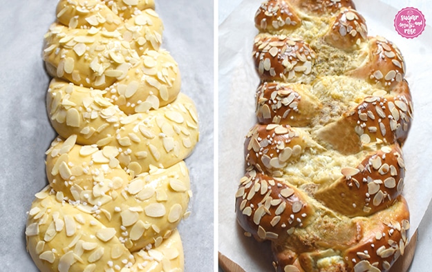 Links aufgegangener Hefezopf, bestrichen mit Ei und belegt mit Mandeln, rechts daneben der gebackene Briochestriezel, frisch aus dem Rohr auf weißem Backpapier