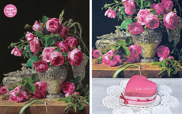 Ferdinand Georg Waldmüllers Stillleben "Rosen" und davor ein Punschkrapfenherz auf einem herzförmigen Porzellanteller, dekoriert mit rosa Schleife.