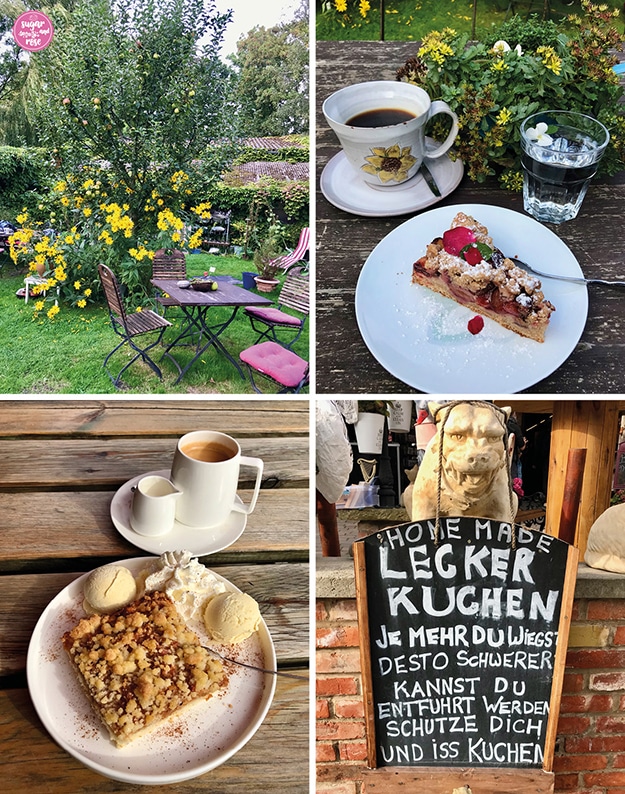 Vier Bilder: links oben ein Garten mit Obstbaum und gelben Blüten sowie ein Holzgartentisch mit Stühlen; oben rechts ein Stück Pflaumen-Streuselkuchen auf weißem Teller, dahinter eine Tasse Kaffee und ein Wasserglas mit Blüten; links unten ein Stück Apfel-Streuselkuchen mit zwei Kugeln Vanilleeis und einer Tasse Kaffee mit Milch; rechts unten eine schwarze Tafel an einer Ziegelmauer mit Aufschrift "Homemade Lecker Kuchen. Je mehr du wiegst, desto schwerer kannst ud entführt werden."