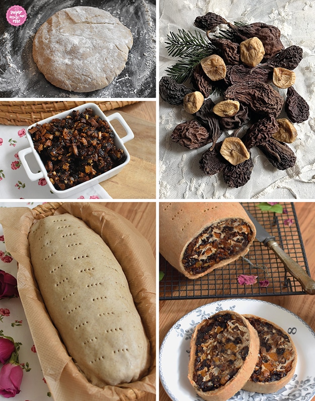 Making Of von traditionellem Kletzenbrot mit Roggensauerteig: frischer Roggenbrotteig, Kletzenbirnen und Feigen, einmal ganz, einmal geschnitten in Schale, dann ein Kletzenbrotstriezel ungebacken in einem Brotkorb und gebackenes, angeschnittenes Kletzenbrot auf Metallgitter und einem Teller mit zwei Scheiben Kletzenbrot