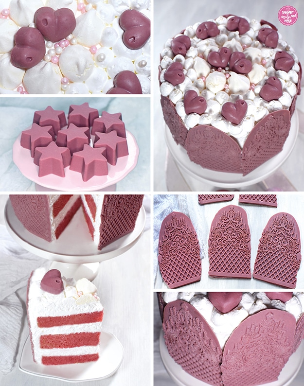 Zubereitungsschritte der Ruby-Schokoladen-Torte: Ruby Schokolade Herzen und Sterne, Ruby Schokoladen Plättchen zum Dekorieren der Torte und ein Stück angeschnittene Torte, wo man die roten Innenböden sieht, durchzogen von weißer fluffiger Creme