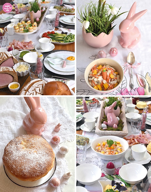 Osterbrunch: gedeckter Frühstückstisch, rosa Keramikhase mit rosa Keramikeiern, Karotten-Overnight-Oats in Schale, ein Osterbrot ganz auf Teller