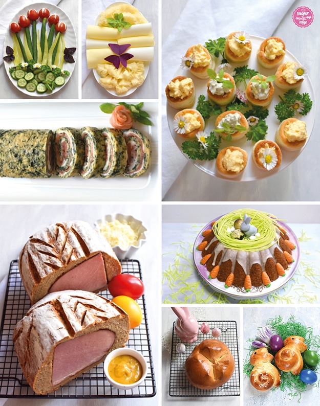 Osterbrunch-Speisen einzeln fotografiert: Gemüsetulpen aus Tomaten und Gurken, Käseteller, Spinat-Lachsrolle aufgeschnitten, mit Eieraufstrich gefüllte Blätterteigtäschchen, ein in der Mitte durchgeschnittener Osterschinken im Brotteig mit einer Schale Kren, Senf und bunten Ostereiern; Karottenkuchen mit Osternest, Osterpinze und Hefeteig-Osterhäschen