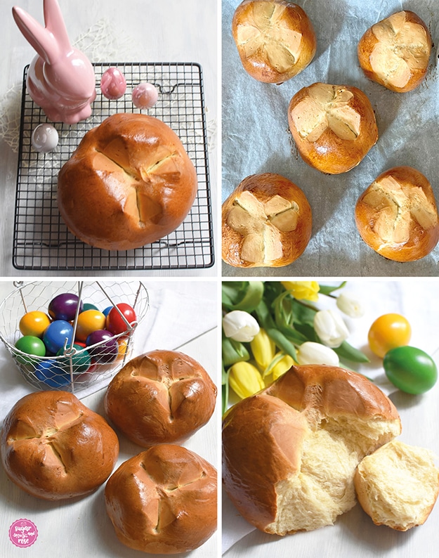 Osterpinzen auf Backblech und mit einem weißen Drahtkörbchen voller bunter Ostereier, ein Pinze angebrochen, davor liegt ein Stück Pinze
