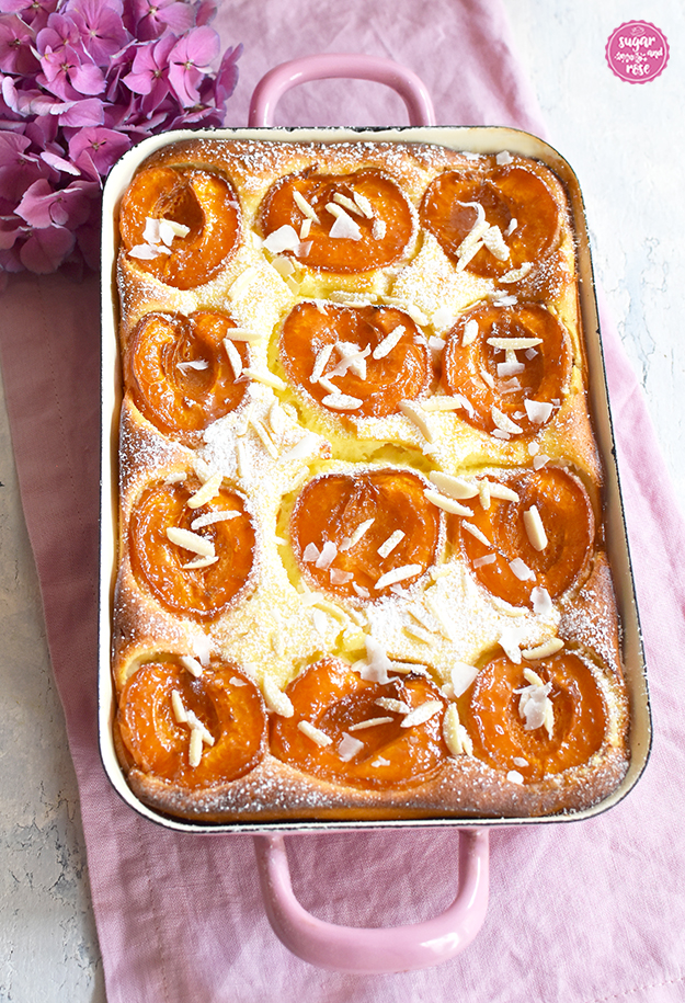 Topfenkuchen mit halben Marillen in rosa Riess-Emailpfanne