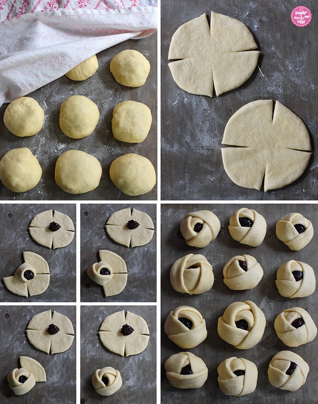 Zubereitungschritte: 1. Teigkugeln auf Holzbrett, zur Hälfte mit Küchentuch abgedeckt; 2. zwei ausgerollte Germteigkreise mit Einschnitten; 3. das Falten der Teigränder über die Marmealde; 4. zwölf fertige gefaltene Teigrosen