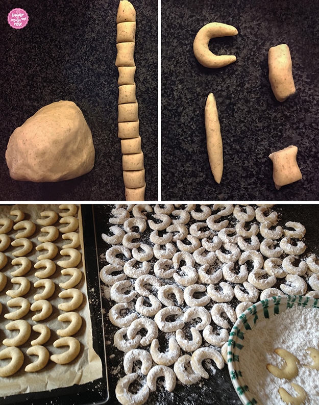 Zubereitungsschritte: Mürbteigkugel, daneben eine Rolle Mürbteig in Stücke geschnitten, einmal zu einer länglichen Nudel geformt, dann zum Kipferl. Darunter ungebackene Kipferl auf Backblech und eine Schale mit Vanillezucker zum Wälzen.