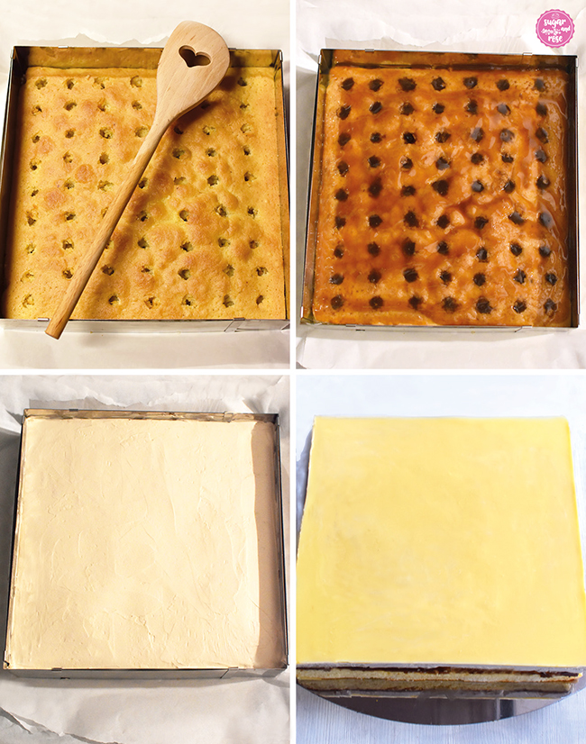 Zubereitungsbilder: links oben der Rührkuchen mit eingestochenen Löchern und einem Kochlöffel, daneben der Rührkuchen mit dem eingefüllten Kaffee, darunter der Kuchen mit der Creme obenauf und daneben der Kuchen mit Eierlikör über der Creme. Alle vier Bilder mit Kuchen im quadratischen Backrahmen.