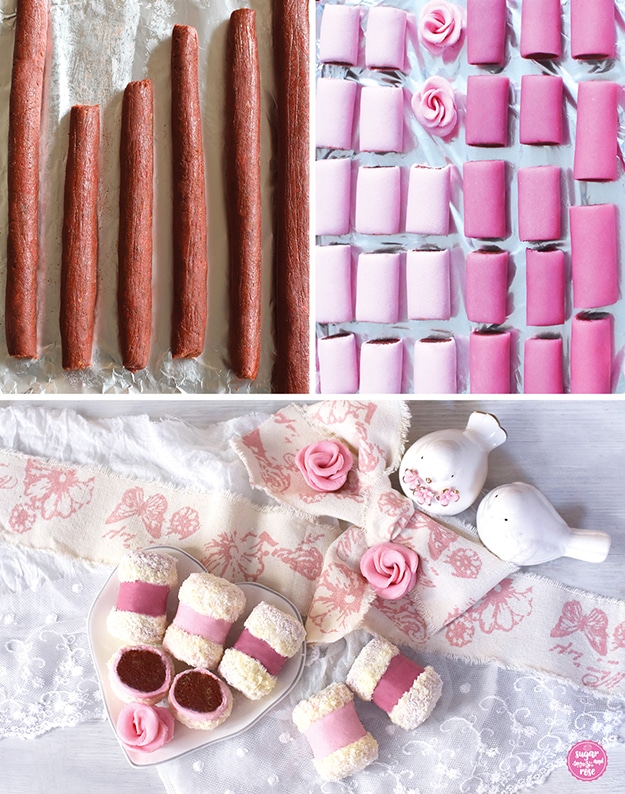 Zubereitungsfotos: links oben die rotbraunen Rollen aus Punschmasse, daneben die Rollen überzogen mit hellem und dunklem rosa Marzipan und diese in Stücke geschnitten. Darunter ein herzförmiger Teller mit einer angeschnittenen Rolle, im Hintergrund wieder zwei Porzellantauben