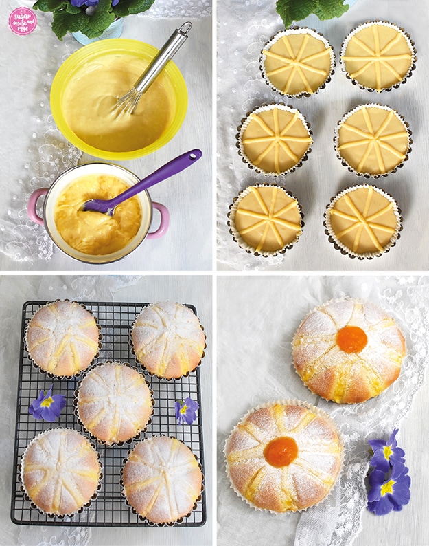 Zubereitung der Blüten-Tartelettes und Mooskuchen-Osternester: links oben zwei Schüsseln mit dem Kuchenteig und dem dottergelben Pudding; rechts oben sechs Tartetteförmchen gefüllt mit Teig; links unten die gebackenen Küchlein auf einem Abkühlgitter, daneben zwei fertige Blüten-Tartelettes mit orangem Marmeladeklecks