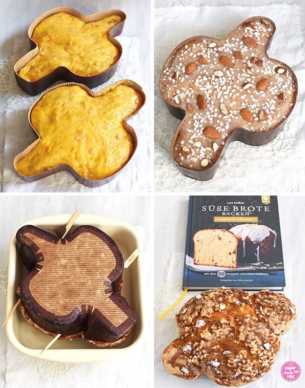 Schritt-für-Schritt-Zubereitung: links oben Sauerteig in zwei Papier-Colombaformen, daneben überzogen mit Eiweiß-Zuckerguss und mit Mandeln und Hagelzucker bestreut; darunter eine kopfüber mit zwei Holzspießen aufgespießte Colomba in einer Pfanne hängend, daneben eine feritg gebackene Colomba und das Buch "Süße Brote"