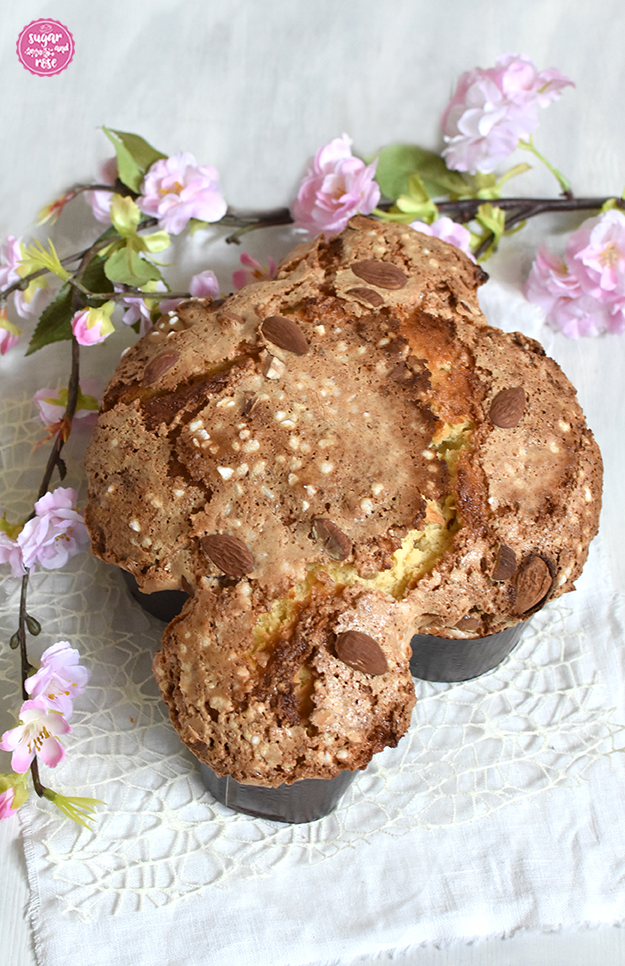 Knusprig gebackene fertige Colomba mit Mandeln in Papierform, dahinter ein rosa Kirschblütenzweig