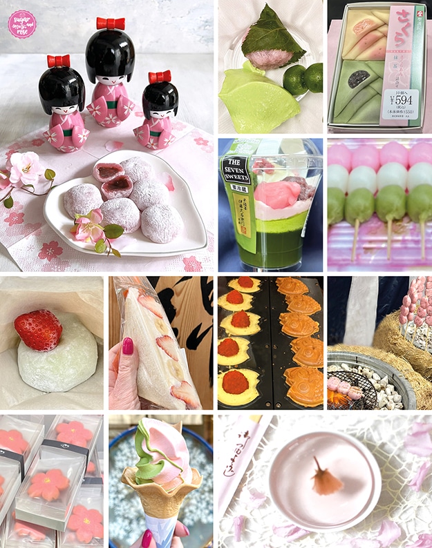 Mochis auf Teller, dahinter Holzpüppchen im Geisha-Look, dreifarbige Klebreiskugeln auf Spieß, Mochis als Dreieck, rosa Sakura-Kekse, eine Eistüte mit rosa-grünem Eis, Fischküchlein und Sakura-Gelee-Halbkugel