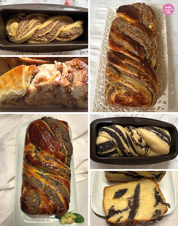Hefezopf mit Walnussfüllung als Teig in brauner Kastenkuchenform, daneben gebackener Nusszopf auf weißem Keramikteller und ein Stück davon.Darunter ein gebackener Mohnzopf auf hellblau-weißem Porzellanteller, der frische Mohnzopf ungebacken in brauner Silikonform und darunter ein Stück aufgeschnittener Mohnzopf.