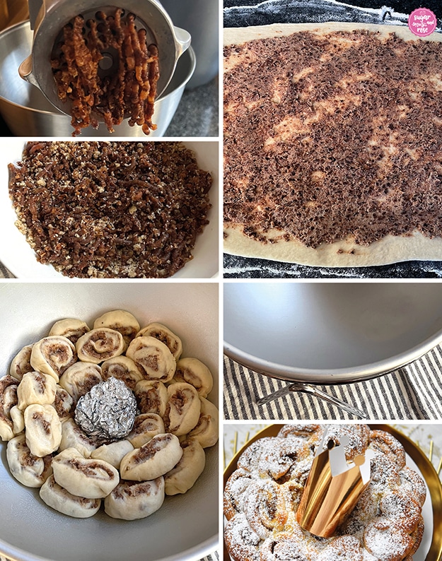 Zubereitungsfotos: Kletzenbirnen faschieren, Gemisch aus Kletzen und Walnüssen, Hefeteig ausgerollt mit Füllung, ein halbkugelförmige Backform, darin die Hefeschnecken-Teigrohlinge und zuletzt der fertige Dreikönigskuchen