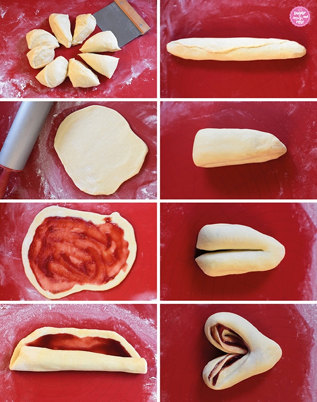 Zubereitungsschritte der Himbeer-Hefeteigherzen in acht Bildern, alle auf einer roten Backmatte; 1. die Hefeteigkugel zerteilt in acht Stücke, 2. der ausgerollte Hefeteig, 3. Hefeteig mit Marmelade bestrichen, 4. zur Hälfte zusammengerollter Teig, 5. der aufgerollte Teigstrang, 6. in der Mitte zusammengeklappter Teigstrang, 7. Teigstrang zu zwei Dritteln eingeschnitten 8. die eingeschnittenen Teigteile zur Seite geklappt, sodass eine Herzform entsteht