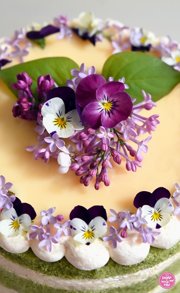 Großaufnahme der Matcha-Eierlikör-Torte von oben mit Blütendekor
