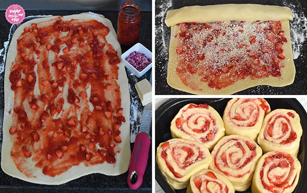 Zubereitungsschritte Erdbeerherz: ausgerollter Hefeteig bestrichen mit Erdbeermarmelade und Rosenmus, daneben der Teig zur Hälfte eingerollt und darunter dieser in Stücke geschnitten in der Backform