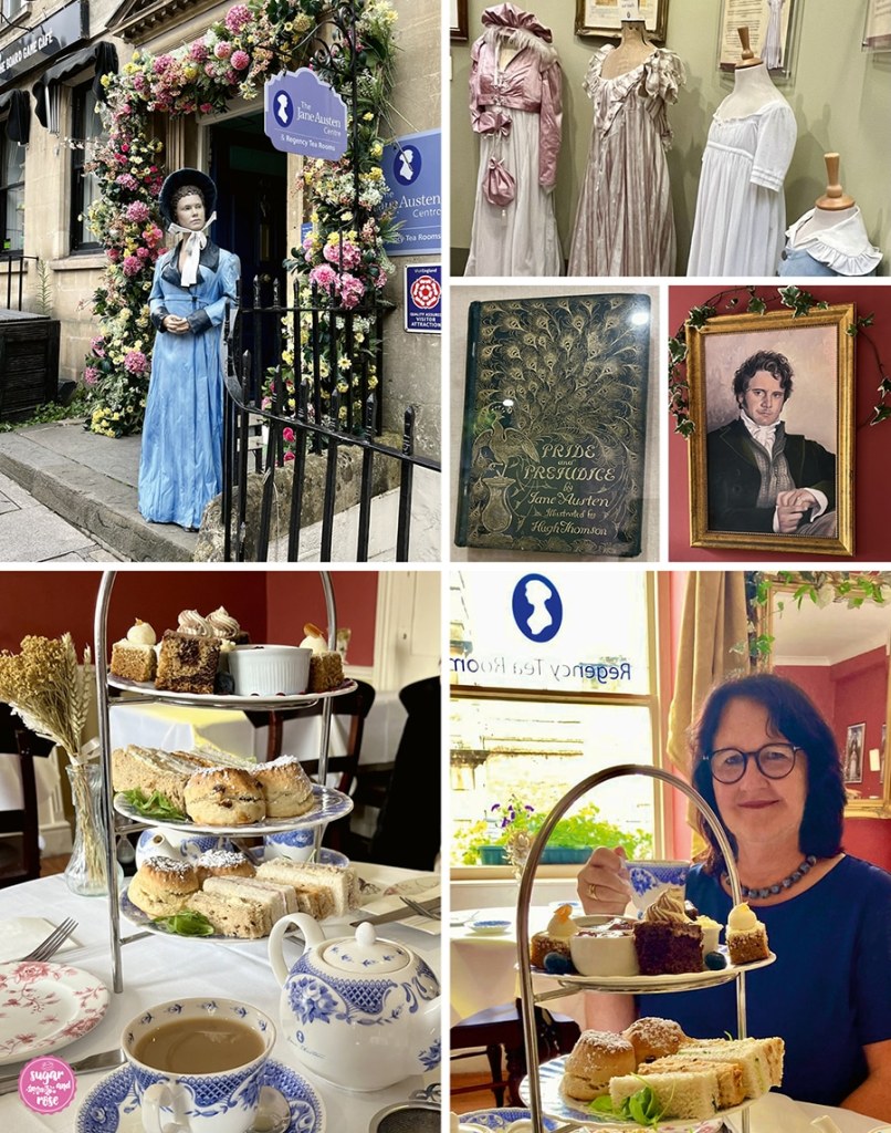 Das Jane-Austen-Museum in Bath, Regency-Kleider, die Erstausgabe von Pride and Prejudice, Bild von Colin Firth als Mr Darcy, eine Etagere mit Scones, Finger Sandwiches und Kuchen und Sugar&Rose Tee trinkend