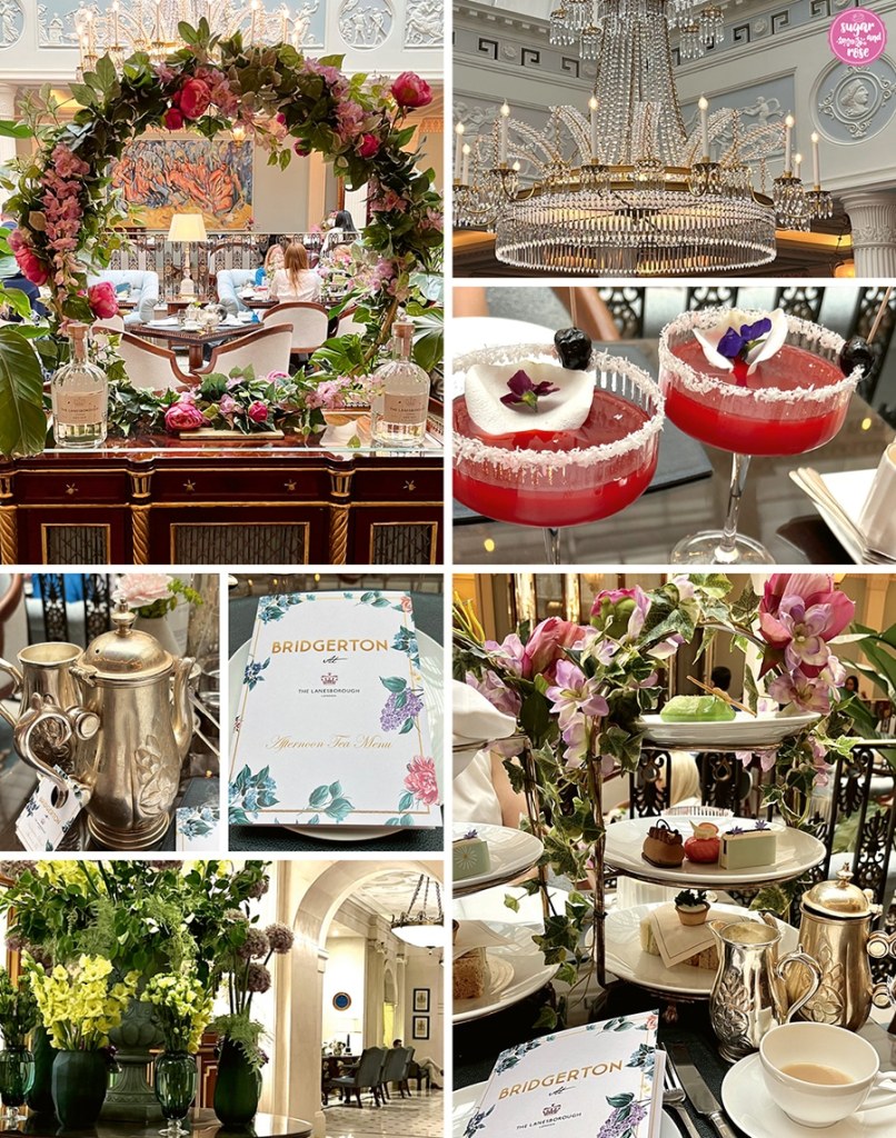 Verschiedene Aufnahmen des Afternoon Teas im Lanesborough, Blütenkranz am Eingang, ein Glasluster, Cocktails, silberne Teekanne, die Bridgerton-Menükarte, Blumenarrangements und Etageren mit Pastries