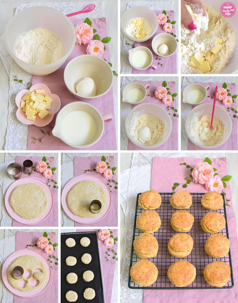 Zubereitungsschritte der Scones, einzelne Zutaten in rosa Schalen, das Abkneten der Butter und Verrühren sowie das Ausstechen der Scones samt Ausstechformen