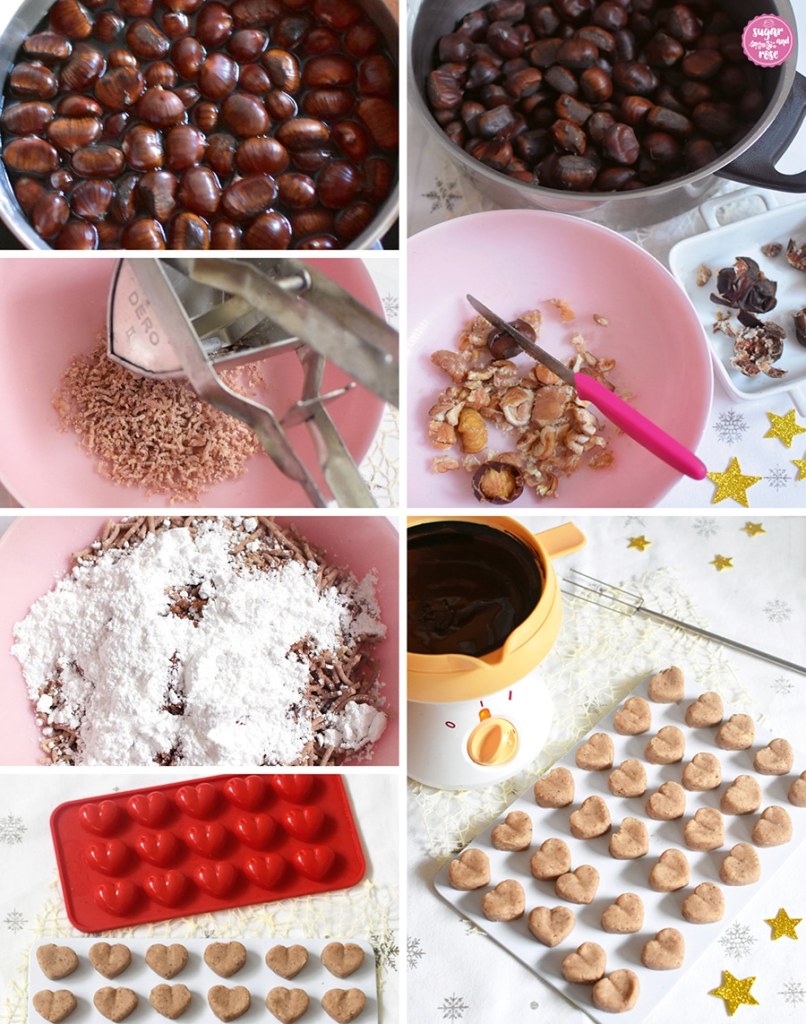 Zubereitungsschritte in sechs Bildern: Maroni in Wasser kochen, Maroni schälen und diese durch eine Kartoffelpresse in eine rosa Schüssel drücken, dann mit Zucker und Gewürzen in der Schüssel, darunter eine rote Schokopralinenform und die geformten Kastanienherzen, daneben einmal mit einem Schokobrunnen und einer Pralinengabel