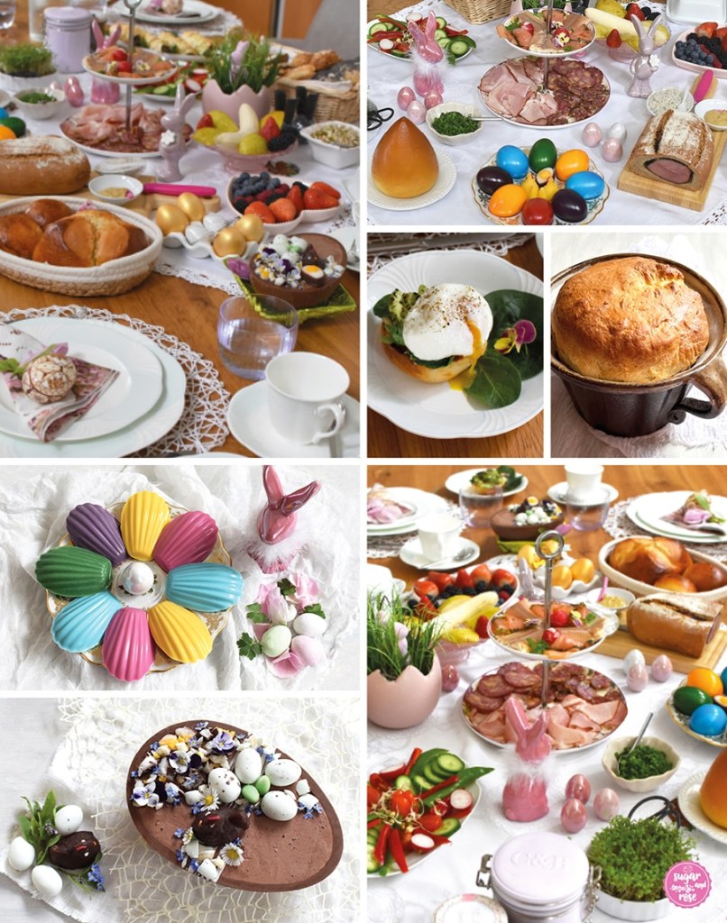 Osterbrunch mit Osterschinken, Osterbrot, bunten Eiern, Schinken, Käse, pochiertem Ei auf Brioche und Avocado, Eierlikör-Madeleines und mit Mousse au Chocolat gefülltes Schokoladenei